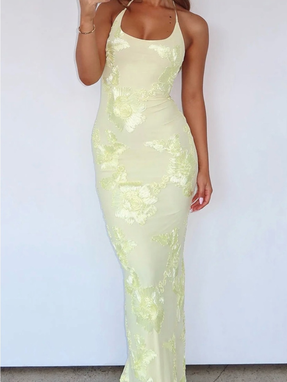 White Fox Linen Blossom Halter Maxi Dress - Pale Yellow Size Large